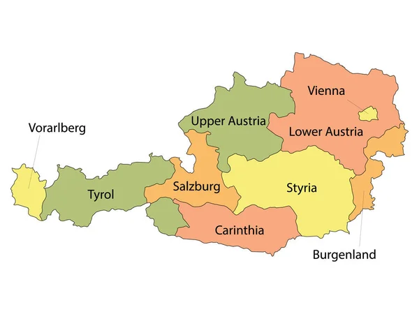 Märkta Färgglada Regioner Karta Över Det Europeiska Landet Österrike — Stock vektor