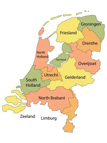 オランダのヨーロッパ諸国のラベル付きカラフルな州地図 — ストックベクタ