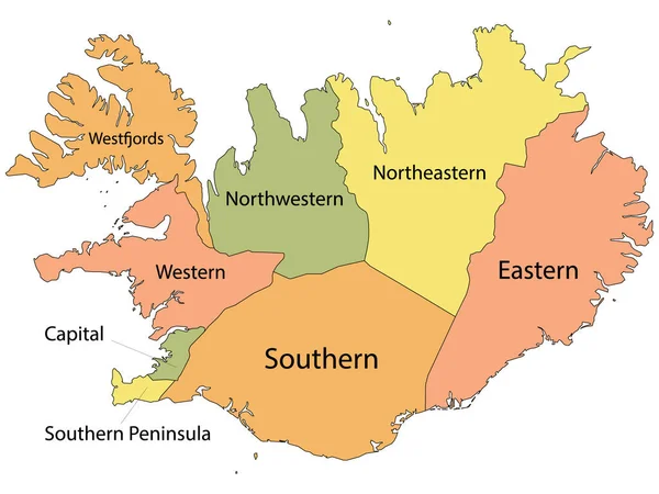 Oznaczenie Kolorowe Regiony Mapa Europejskiego Państwa Islandzkiego — Wektor stockowy