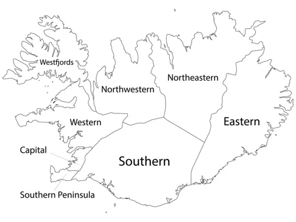 Mappa Delle Regioni Etichettate Del Paese Europeo Islanda — Vettoriale Stock