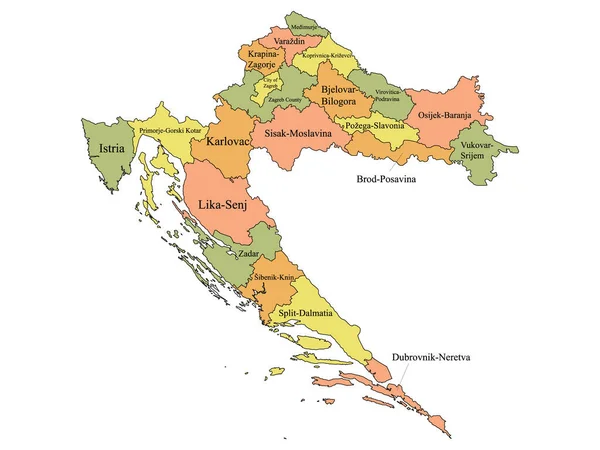 Színes Címkével Ellátott Megyék Horvátország Európai Országának Térképe — Stock Vector