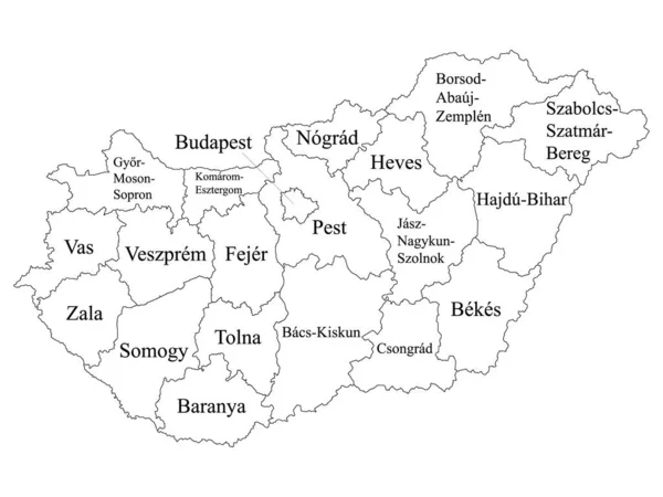 Plattegrond White Labeled Counties Van Het Europese Land Hongarije — Stockvector