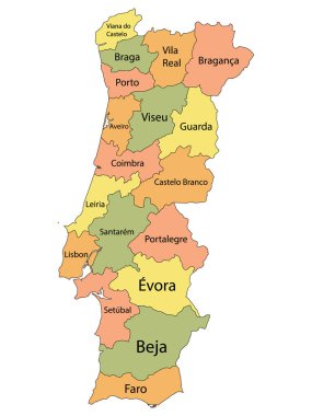 Etiketli Renkli Bölgeler Avrupa 'nın Portekiz Ülkesi Haritası