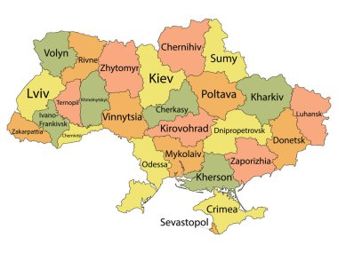 Avrupa Ukrayna Ülkesi Etiketli Renkli Bölgesi (Oblast) Haritası