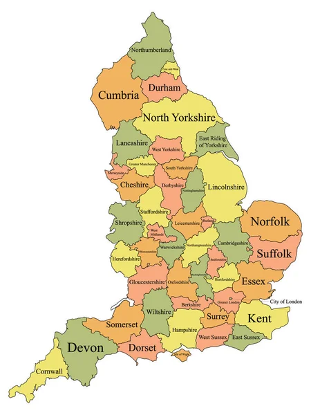 Labeled Color Ceremonial Counties Mapa Del País Europeo Inglaterra — Archivo Imágenes Vectoriales