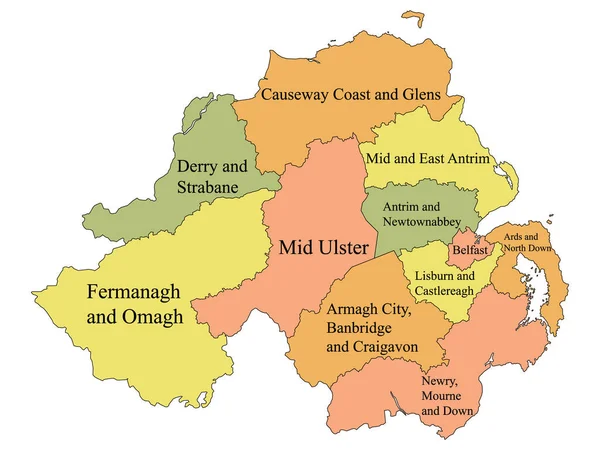 Märkta Färgkarta Över Distrikt Nordirland Storbritannien — Stock vektor