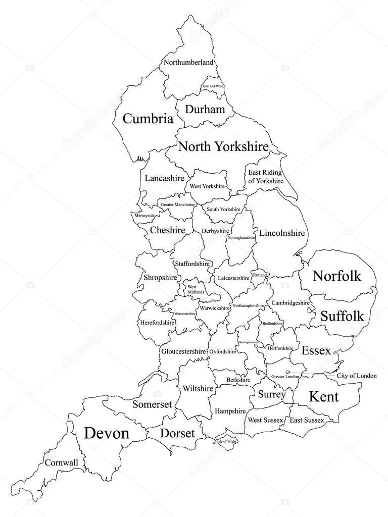 White Labeled Ceremonial Counties Map of European Country of England
