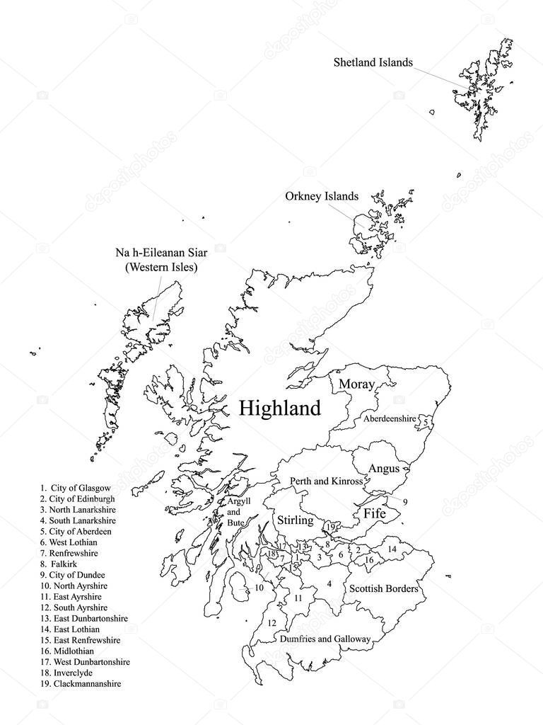 White Labeled Flat Map of Council Areas of Scotland
