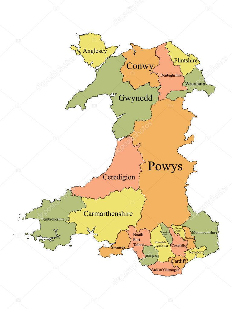 Labeled Color Map of Principal Areas of Wales