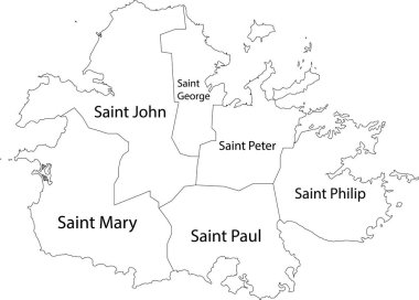 Antigua adasının beyaz vektör haritası. Siyah sınırları ve cemaatlerinin isimleri.