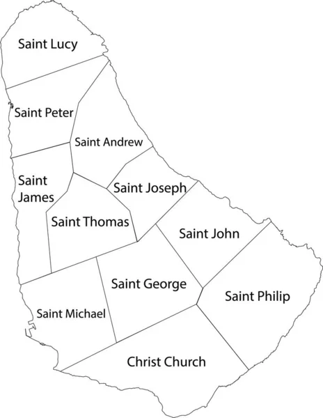 Biała Mapa Wektorowa Barbadosu Czarnymi Granicami Nazwami Jego Parafii — Wektor stockowy