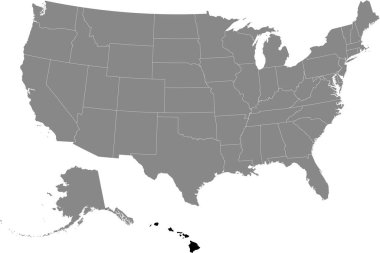 Amerika Birleşik Devletleri 'nin gri haritasında ABD federal eyaleti Hawaii' nin siyah konumu.
