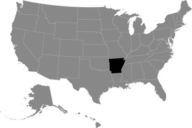Amerika Birleşik Devletleri 'nin gri haritası içinde ABD federal eyaleti Arkansas' ın siyah konum haritası