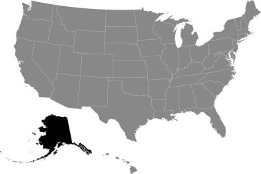 Amerika Birleşik Devletleri 'nin gri haritasında Amerika Birleşik Devletleri' nin Alaska federal eyaletinin siyah konum haritası var.