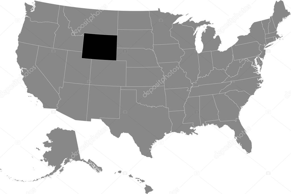 Black location map of US federal state of Wyoming inside gray map of the United States of America