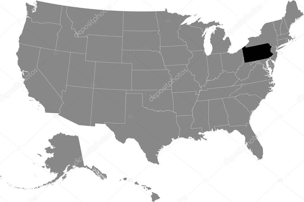 Black location map of US federal state of Pennsylvania inside gray map of the United States of America