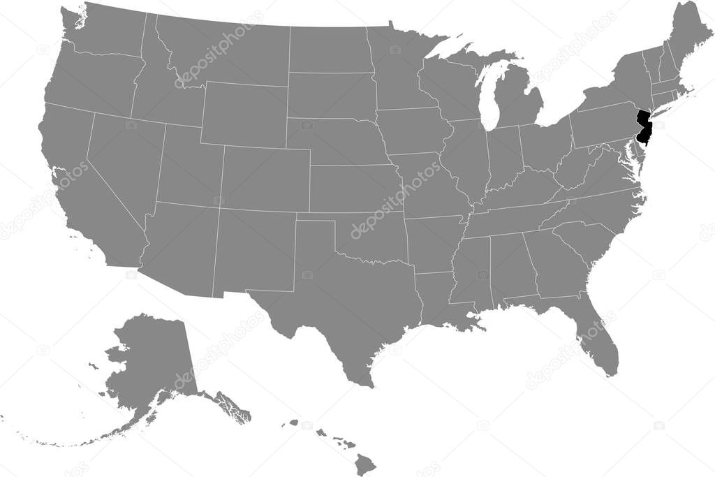 Black location map of US federal state of New Jersey inside gray map of the United States of America