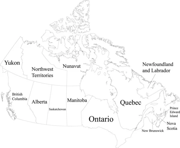 Kanada Nın Siyah Kenarlı Beyaz Vektör Haritası Eyaletlerinin Bölgelerinin Isimleri — Stok Vektör