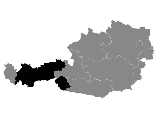 Schwarze Lagekarte Des Österreichischen Bundeslandes Tirol Innerhalb Der Grauen Karte — Stockvektor
