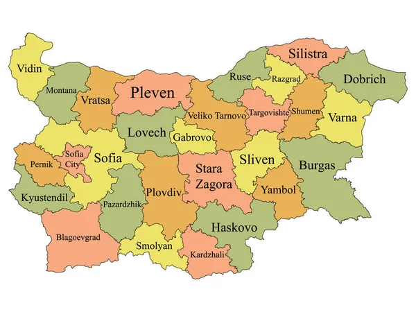 Kolorowe Etykiety Prowincje Mapa Europejskiego Kraju Bułgarii — Wektor stockowy