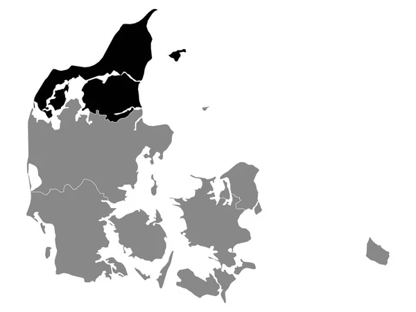 Schwarze Landkarte Der Dänischen Region Nordjütland Innerhalb Der Grauen Landkarte — Stockvektor