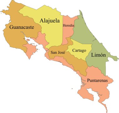 Kosta Rika 'nın siyah sınırları ve illerinin isimleriyle Pastel vektör haritası