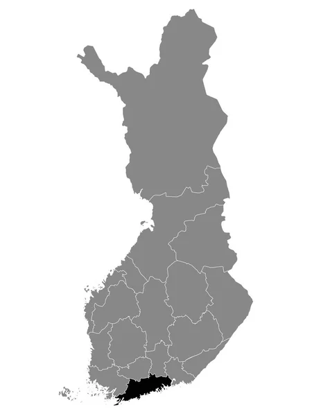 芬兰灰色地图中的芬兰Uusimaa地区黑人位置图 — 图库矢量图片