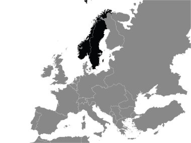 Eski İsveç ve Norveç Birleşik Krallıkları 'nın Siyah ve Gri Düz Düz Haritası (18141905)