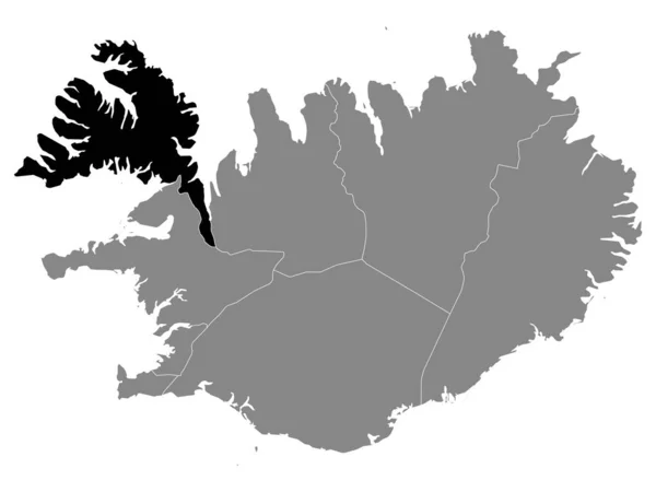 Fekete Elhelyezkedés Izland Nyugati Régiójának Térképe Westfjords Izland Szürke Térképén — Stock Vector