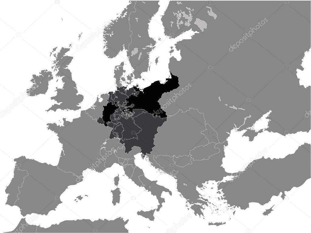 Black Flat Map of Kingdom of Prussia (year 1815) inside Gray Map of European Continent