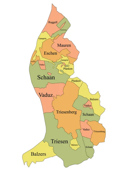 Municípios Rotulados Coloridos Mapa País Europeu Liechtenstein —  Vetores de Stock