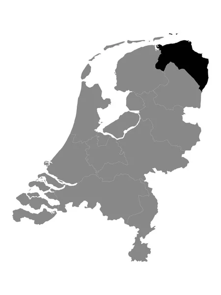 オランダのグレーマップ内のオランダのグロニンゲン州の黒い場所 — ストックベクタ