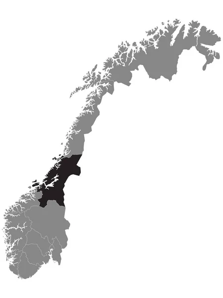 Schwarze Landkarte Des Norwegischen Trondelag County Innerhalb Der Grauen Landkarte — Stockvektor