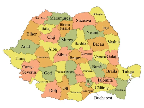 ルーマニアのヨーロッパ諸国のカラーラベル付き郡地図 — ストックベクタ
