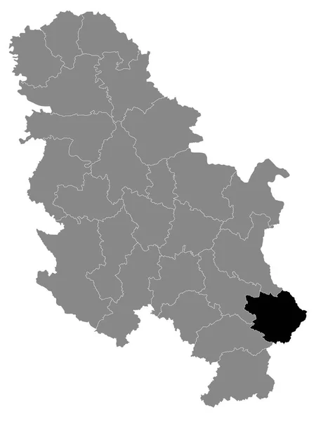 Schwarze Landkarte Des Serbischen Bezirks Pirot Innerhalb Der Grauen Landkarte — Stockvektor