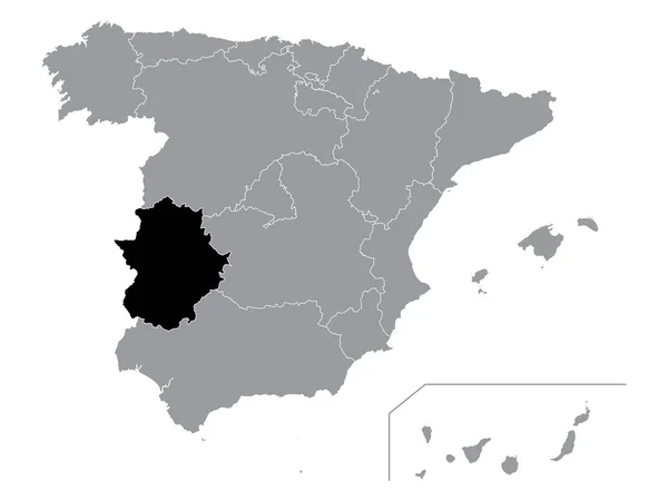 スペインのグレー地図スペインのグレーの中のエストレマドゥーラ自治区の黒い場所 — ストックベクタ