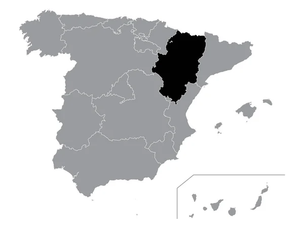 Schwarze Landkarte Der Autonomen Gemeinschaft Aragonien Innerhalb Der Grauen Landkarte — Stockvektor