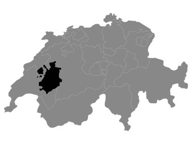 İsviçre 'nin Gri Haritası içinde İsviçre Fribourg Kantonunun Siyah Konum Haritası