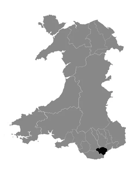 Galler Gri Haritası Içinde Galler Cardiff Ilçesinin Siyah Konum Haritası — Stok Vektör