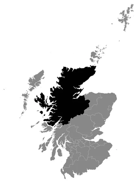 スコットランドのグレーマップ内のハイランドのスコットランド評議会エリアの黒い場所 — ストックベクタ