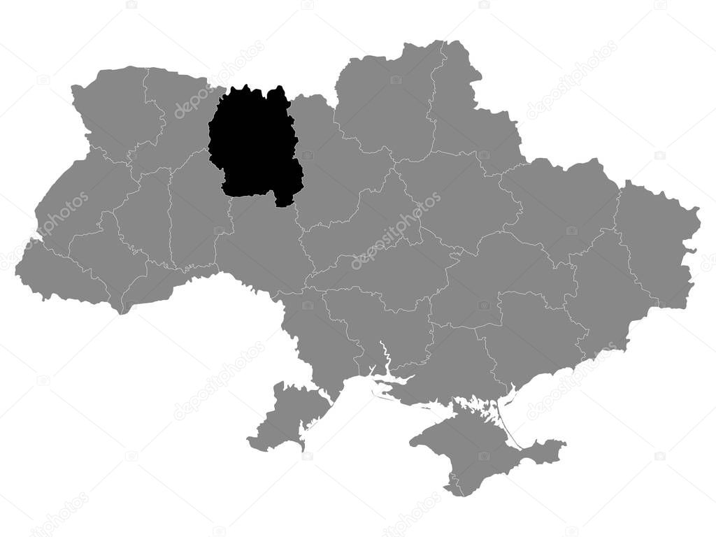 Black Location Map of Ukrainian Region (Oblast) of Zhytomyr within Grey Map of Ukraine