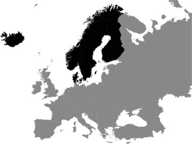 Kuzey Avrupa 'nın Avrupa Kıtasının Gri Arkaplanı Üzerine Ayrıntılı Siyah Düz Siyasi Haritası