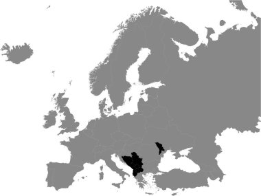 Orta Avrupa Serbest Ticaret Anlaşmasının (CEFTA) Avrupa Kıtasının Gri Arkaplanı Üzerine Detaylı Siyah Düz Siyasi Haritası