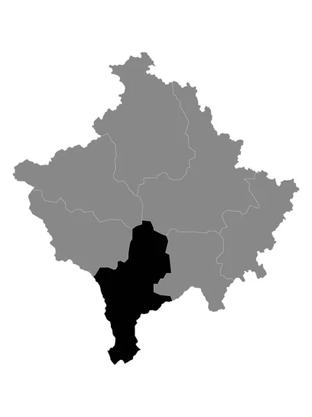 Schwarze Landkarte Des Kosovarischen Distrikts Prizren Innerhalb Der Grauen Landkarte — Stockvektor