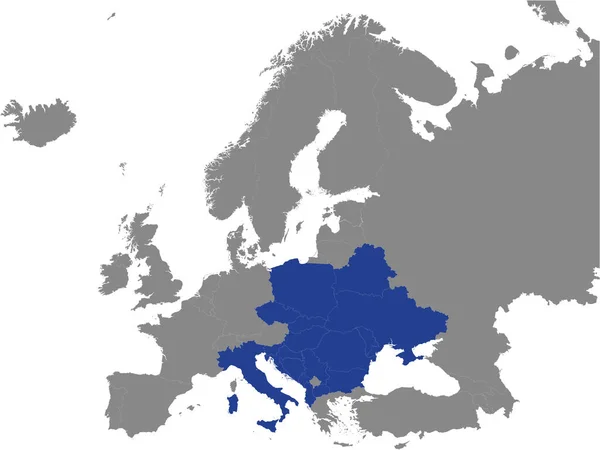 ヨーロッパ大陸の灰色の背景にある中央ヨーロッパイニシアチブ Cei の詳細ブルーフラット政治地図 — ストックベクタ