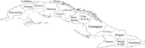 Siyah Sınırları Illerinin Isimleriyle Küba Nın Beyaz Vektör Haritası — Stok Vektör