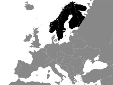 Avrupa Kıtasının Gri Arkaplanındaki Fennoscandian Yarımadasının Ayrıntılı Siyah Düz Siyasi Haritası