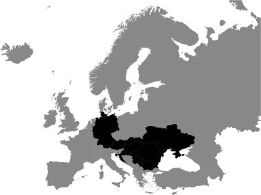 Tuna Ülkelerinin Kara Düz Siyasi Haritası (Avusturya, Bulgaristan, Hırvatistan, Almanya, Macaristan, Moldova, Romanya, Sırbistan, Slovakya, Ukrayna) Avrupa Kıtasının Gri Arkaplanı