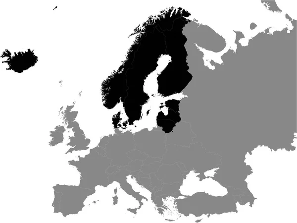 ヨーロッパ大陸の灰色の背景にあるバルトスカンディアの詳細ブラックフラット政治地図 — ストックベクタ