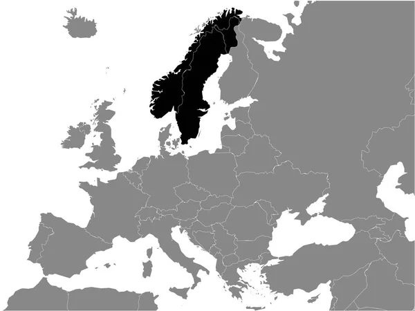 Carte Politique Plate Noire Détaillée Péninsule Scandinave Sur Fond Gris — Image vectorielle